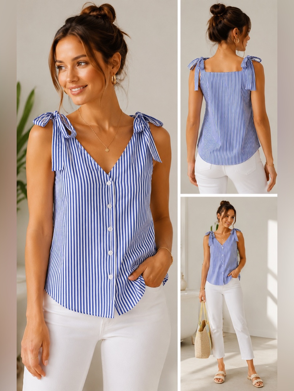 J.O.A. LA Blue & White Striped Tie Shoulder Sleeveless Blouse - Size S